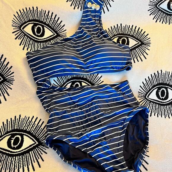 🆕 J. Crew Navy Shoulder One Piece Bikini Swimsuit Stripe Nautical 18 FAV NWT - Picture 6 of 16